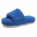 Cozy blue fuzzy faux fur slippers featuring a thick white platform sole for winter - 35 / Blue