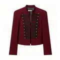 Detailed view of maroon military style blazer with gold buttons and black trim - Burgundy