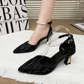 Elegant black pointed toe chunky heel sandals featuring a pearl ankle strap and glitter - 34 / Black