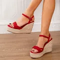 Red suede platform wedge sandals with braided jute sole and adjustable ankle strap - 34 / Red