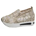 Women's mesh platform slip-on shoes with elegant lace and sequins - 35 / Gold