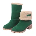 Green suede snow boots for women with warm beige faux fur lining and two-way wear design. - Green
