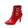 Red pointed toe high heel ankle boots with buckles and front zipper detail - 34 / Red