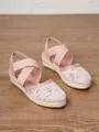 Elegantes alpargatas de cuña rosa para mujer con bordado floral y correas elásticas. - 34 / Estilo de Paja con Bordado Floral / Rosa
