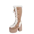 Gothic Lolita winter snow boots with chunky platform heel and white faux fur trim - Khaki