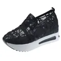 Stylish black mesh lace slip-on platform sneakers for women featuring sparkling sequin details - 35 / Black
