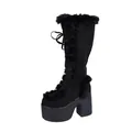 Side view of Gothic Lolita platform boots with faux fur trim and chunky high heels - Black