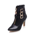 Stylish black pointed toe ankle boots with gold buckles and front zipper details. - 34 / Black