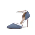 Detailed view of pointed toe denim high heels featuring a stiletto heel and ankle strap - 33 / Light Blue