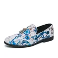 Men's stylish white floral print loafers with tassel detail shown from side view - 38 / Blue Chinese Style Print Style (2503)