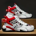 Trendy white and red high-top Dad sneakers for men featuring bold graphic letter prints - 36 / White Red
