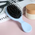Close-up of a mini light blue cushion hairbrush featuring boar bristles and nylon pins - Blue