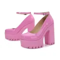 Side view of pink patent leather platform pumps with chunky heels and lug soles. - 38 / Patent Leather Surface / Pink