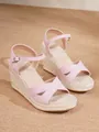 Detail view of pink suede wedge sandals with braided jute platform and ankle strap. - 34 / Pink