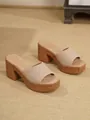 Elegantes sandalias tipo zueco de plataforma en ante beige con cuñas de corcho mujer - 34 / Albaricoque