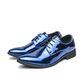 Elegant shiny royal blue patent leather pointed toe derby shoes for men's formal events - 38 / Blue