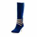 Stivali alti in camoscio blu con punta affilata e bottoni dorati decorativi chic - 34 / Blu