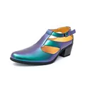 Iridescent chameleon men's leather sandals with fashion block heel and adjustable buckle strap - 38 / Blue