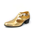 Shiny gold metallic men's high heel sandals with T-strap design and block heel - 38 / Gold