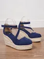 Dunkelblaue Espadrille-Kielsandalen aus Wildlederimitat mit Knöchelriemen und Plateausohle - Dunkelblau