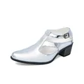 Stylish men's silver metallic leather sandals featuring a T-strap design and chunky heel - 38 / Silver