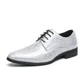 Elegant silver formal dress shoes with floral embossing and black laces for wedding ceremonies. - 38 / Pointed Toe Lace-up Style (1820) / White