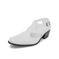 Elegant white men's high-heeled leather sandals featuring a stylish T-strap buckle design - 38 / White