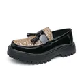 Stylish men's black patent leather loafers featuring gold glitter panels and tassels - 38 / Black & Gold
