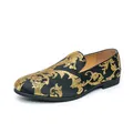 Men's black slip-on loafers with intricate gold floral brocade embroidery pattern - 38 / Gold