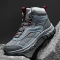 Men's high-top outdoor hiking boots with non-slip soles on a rocky background - 39 / Gray