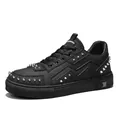 Luxury men's black low-top leather sneakers with decorative silver rivet studs design - 40 / Studded Casual Board Shoes (21258) / Black