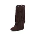 Brown suede mid-calf fringe boots with star studs and wedge heel. - 34 / Dark Brown
