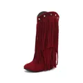 Red suede mid-calf fringe boots with silver star studs and wedge heel design - 34 / Burgundy