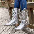 Side view detail of silver metallic mid-calf cowboy boots with chunky low heels - Silver