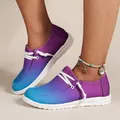 Close-up of summer purple to blue gradient loafers for women with white laces and sole - 36 / Purple