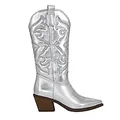 Detailed view of metallic silver western cowboy boots with embroidery and pointed toe. - 36 / Silver