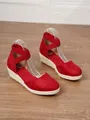 Alpargatas de cuña rojas para mujer con tiras cruzadas y suelas de paja trenzada - 34 / Rojo