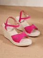 Fuchsia pink suede-textured wedge sandals featuring braided espadrille thick platform soles - 34 / Rose Red