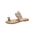 Elegant beige flat thong sandals featuring ruffled strap and pearl pineapple detail - 35 / Beige (Ruffle)