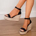 Elegantes alpargatas de cuña en ante negro con tira al tobillo y plataforma trenzada - 34 / Negro