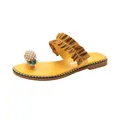 Stylish yellow summer flat sandals featuring a ruffle strap and pearl-encrusted pineapple ornament - 35 / Yellow (Ruffle)