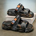 Trendy men's thick-soled black slides with graffiti patterns and orange strap accents - 36 (Fits 36-37) / Darth Vader