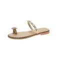 Elegant beige women's flat sandals with pearl embellishments and a stylish toe loop - 35 / Beige (Pearl)