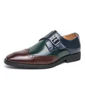 Men's vintage tri-color brogue monk strap dress shoes in brown, green, and navy leather - 38 / Color-Blocking (Brown/Green/Blue)