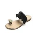 Stylish flat flip-flop sandals featuring black ruffled straps and pearl pineapple decor - 38 / Black (Ruffle)