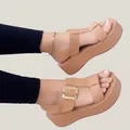 Side view of stylish women's nude platform wedge sandals with adjustable buckle - 36 / Dark Brown