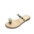Elegant women's flat flip-flop sandals with pearl pineapple and beaded strap detail - 38 / Black (Artificial Pearl)