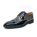 Men's two-tone brogue oxfords featuring grey crocodile pattern and black patent leather. - 38 / Black and Gray