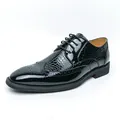 Elegant black patent leather Brogue shoes for men featuring crocodile pattern embossing - 38 / All Black