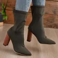 Elegant olive green stretch mid-calf boots with pointed toe and chunky wooden heel - 35 / Green